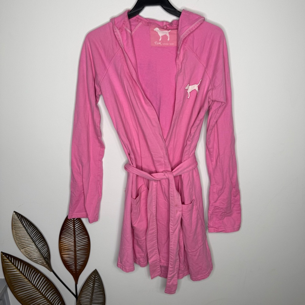 Victoria's Secret PINK Y2K Vintage Hooded Robe Pink Jersey Knit Logo Back M/L